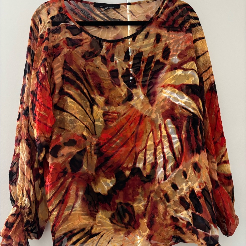 White House Black Market Red and Orange Burnout Sheer Blouse-size Large
